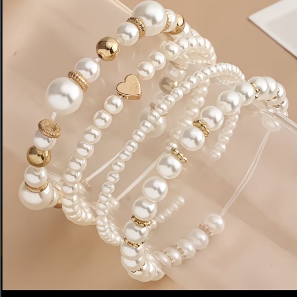 4pcs Elegant Vintage Minimalist CCB Imitation Pearl Beaded Bracelet Set w/Heart - Picture 2 of 9